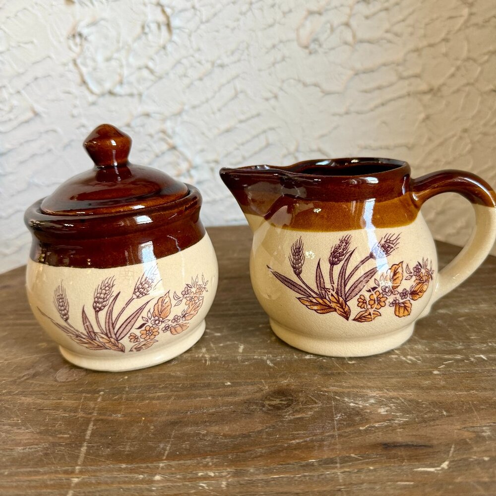 Vintage Stoneware Creamer & Sugar Bowl Set | Brown Drip Glaze Wheat Design